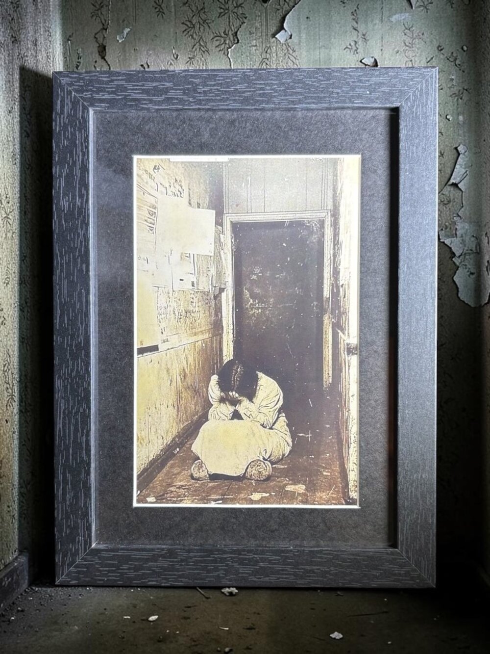 Figure in Abandoned Hallway Framed Art | 5x7 Horror Décor